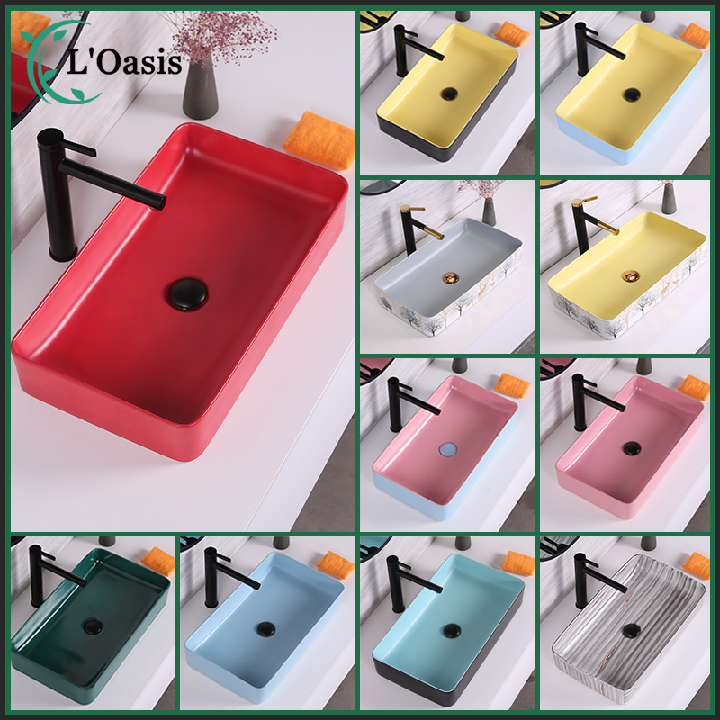 Rectangular Hand Washing Sink Red Color Bathroom Art Wash Basin Ceramic Art Basin